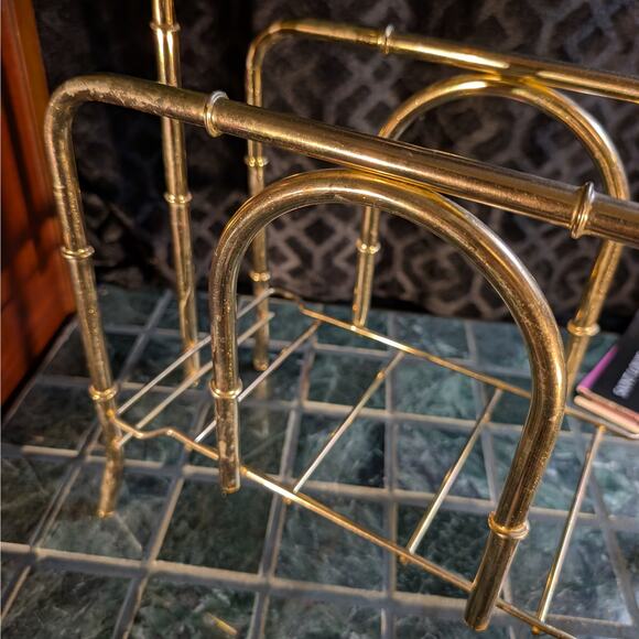 Vintage MCM Polished Brass Faux Bamboo Magazine Rack or Blanket Wood Book Holder - Picture 6 of 8